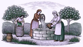 Three women engaged in traditional tasks—spinning, harvesting, and drawing water.