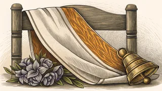 A suffrage sash drapes over a wooden chair beside a violet corsage and a brass hand bell.