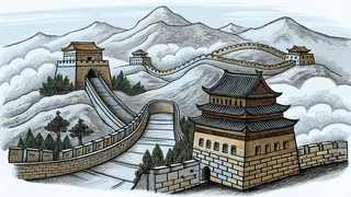 Iconic world landmarks arranged in a fantastical composite landscape.