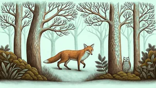 Through misty woods, a fox prowls near watching deer and owls