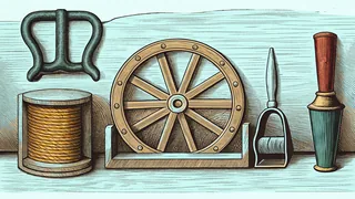 Six simple machines—lever, pulley, screw, wedge, inclined plane, and wheel—on a workshop surface.