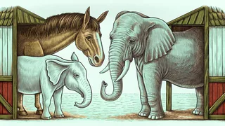 Working animals including a horse, elephant, camel, and donkey on farmland.