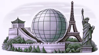 A globe encircled by iconic world landmarks, towers, and architectural monuments.