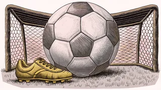 A stitched soccer ball and a gleaming boot resting on cropped turf in front of a goal net.