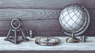 An unlabelled globe sits beside a brass compass and sextant on a weathered wooden desk.
