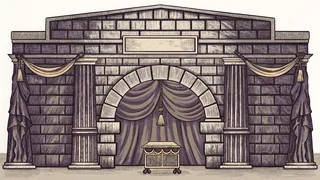 A weathered stone archway rises over a merchant's cart of spices and bolts of silk at a harbor.