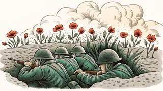WWI soldiers in muddy trenches with artillery fire and red poppies blooming