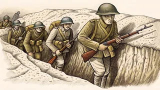 WWI soldiers in uniform advancing across muddy terrain with trenches and barbed wire.