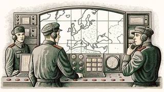 Military personnel working at vintage radio equipment in a command post.