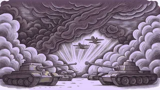 A World War II battlefield scattered with military tanks and aircraft under battle smoke.