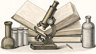 An antique microscope with historical medical journals and specimen vials.
