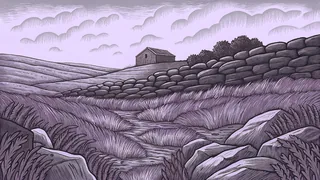 A windswept moorland landscape stretches toward a stone grange in the distance, wild grasses rippling around rocky outcrops.