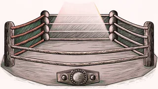 A wrestling ring with ropes stands beside a gold championship belt under a bright spotlight.