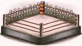 A wrestling ring with a golden championship belt displayed over the ropes under stadium lighting.