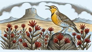 A meadowlark sings among Indian paintbrush with the Grand Tetons rising dramatically.