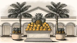 Golden tropical fruits—mangoes, bananas, and pineapples—sit arranged on a bright table.