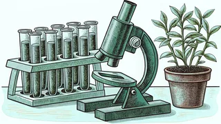 A microscope stands beside a rack of test tubes and a potted seedling on a laboratory bench.