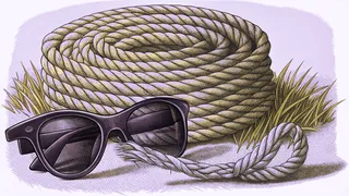 A pair of dark sunglasses rests in short grass in front of a large coil of rope.