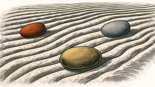 Three stones set on raked sand, one with a ridged surface.
