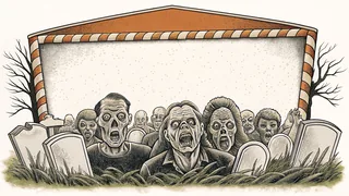 A mob of undead zombies emerging from a foggy cemetery at night.