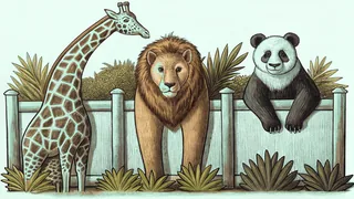 A giraffe, lion and panda beside a zoo enclosure fence.