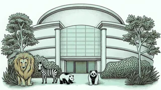 Zoo animals including a lion, zebra, panda, and monkey in habitat.