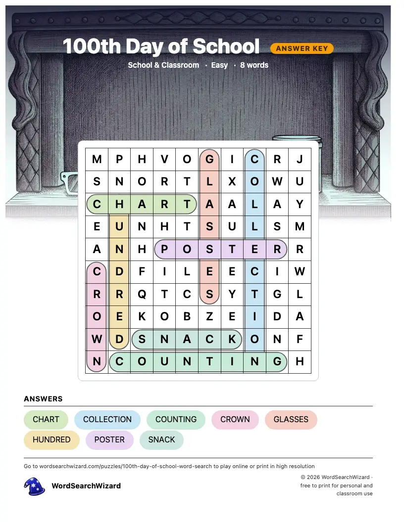 100th Day of School word search answer key, all 8 words marked