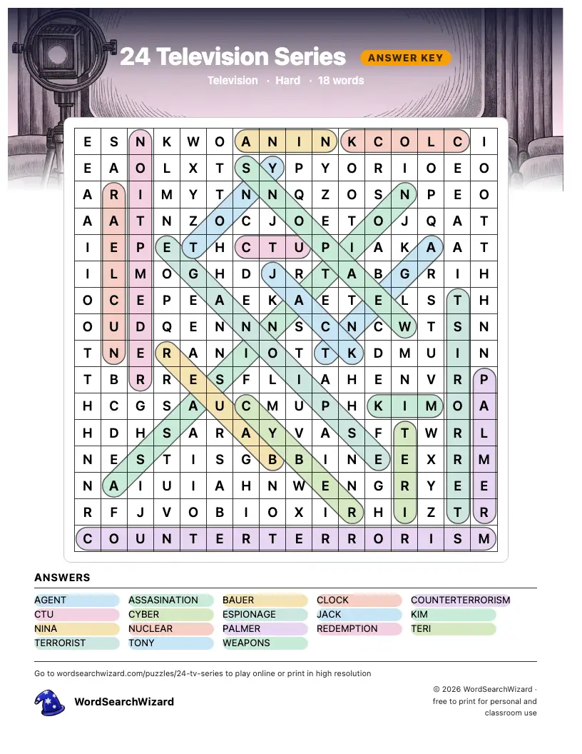 24 Television Series word search answer key, all 18 words marked