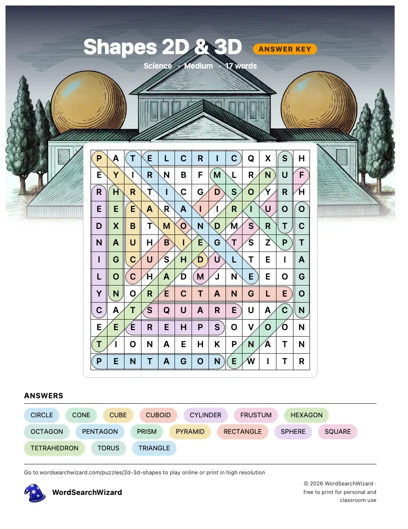 Shapes 2D & 3D word search answer key, all 17 words marked