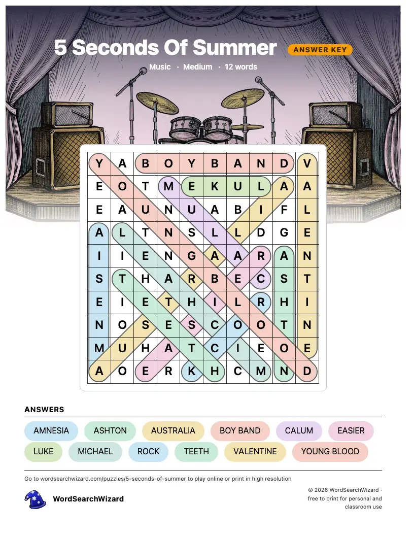 5 Seconds Of Summer word search answer key, all 12 words marked