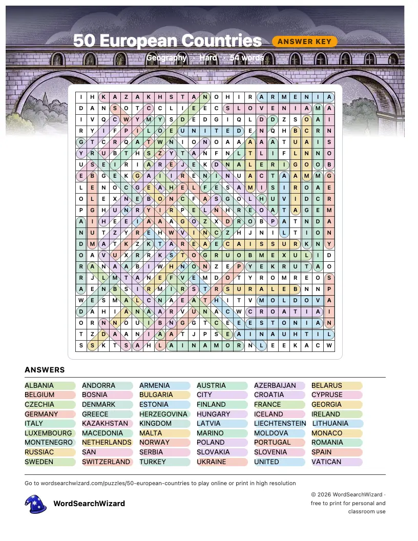 50 European Countries word search answer key, all 54 words marked