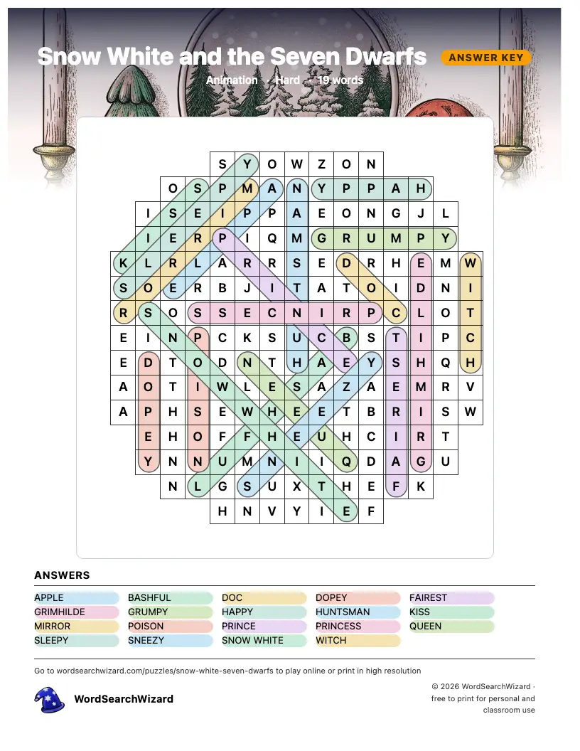 Answer key for the Snow White and the Seven Dwarfs word search, all 19 words marked