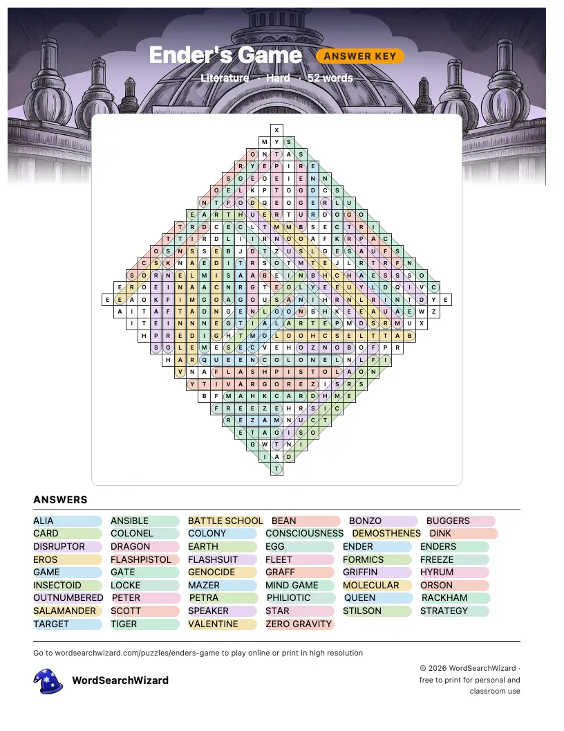 Answer key for the Ender's Game word search, all 52 words marked