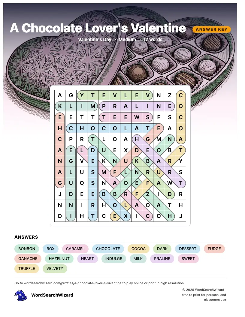 A Chocolate Lover's Valentine word search answer key, all 17 words marked