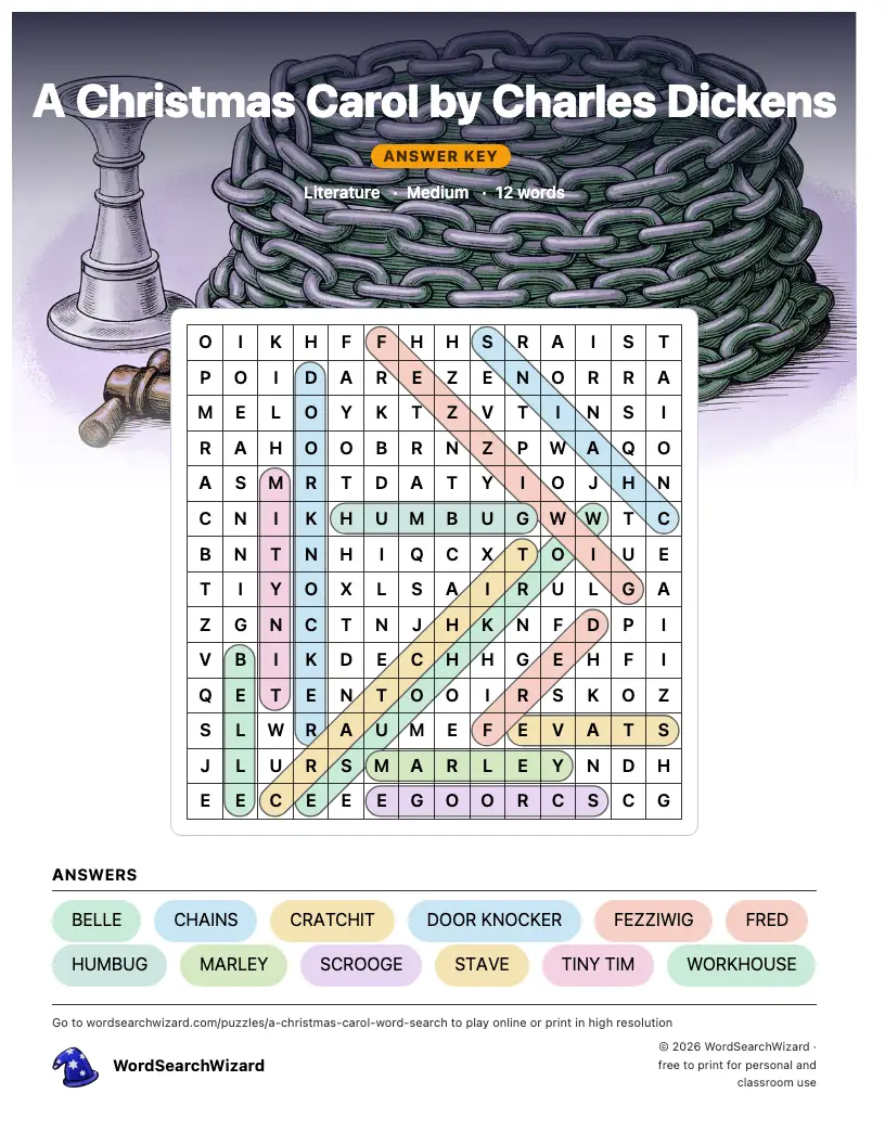 A Christmas Carol by Charles Dickens word search answer key, all 12 words marked