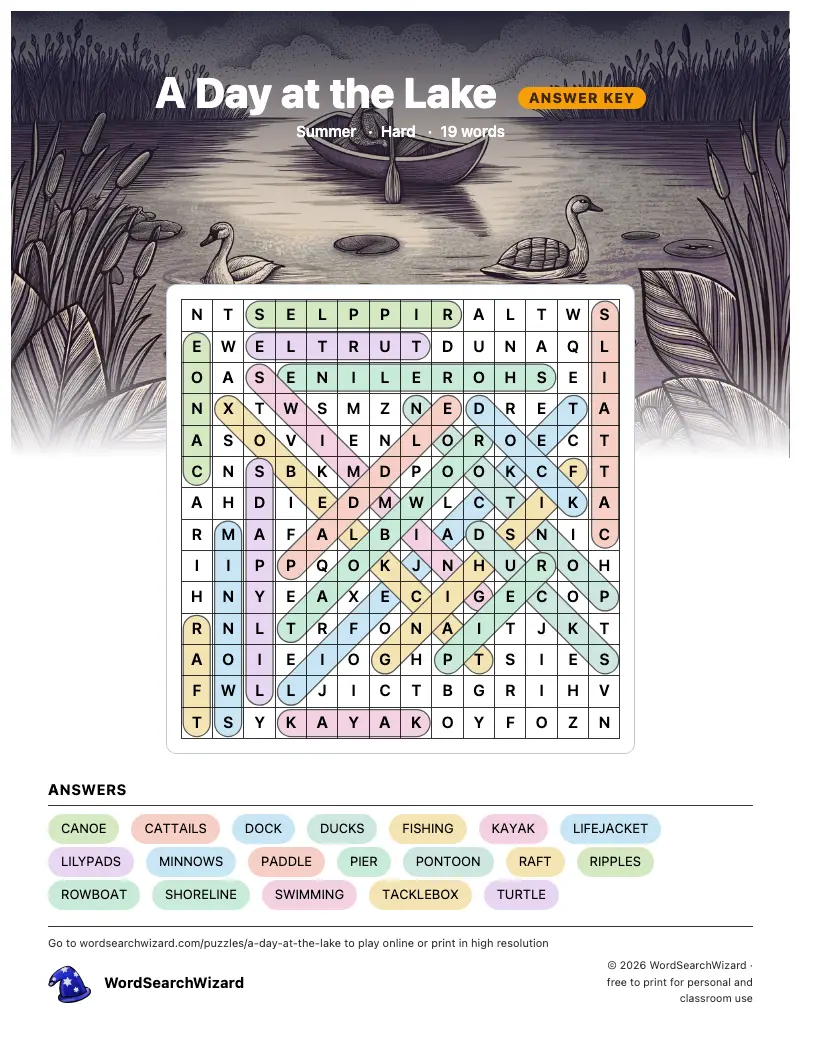 A Day at the Lake word search answer key, all 19 words marked