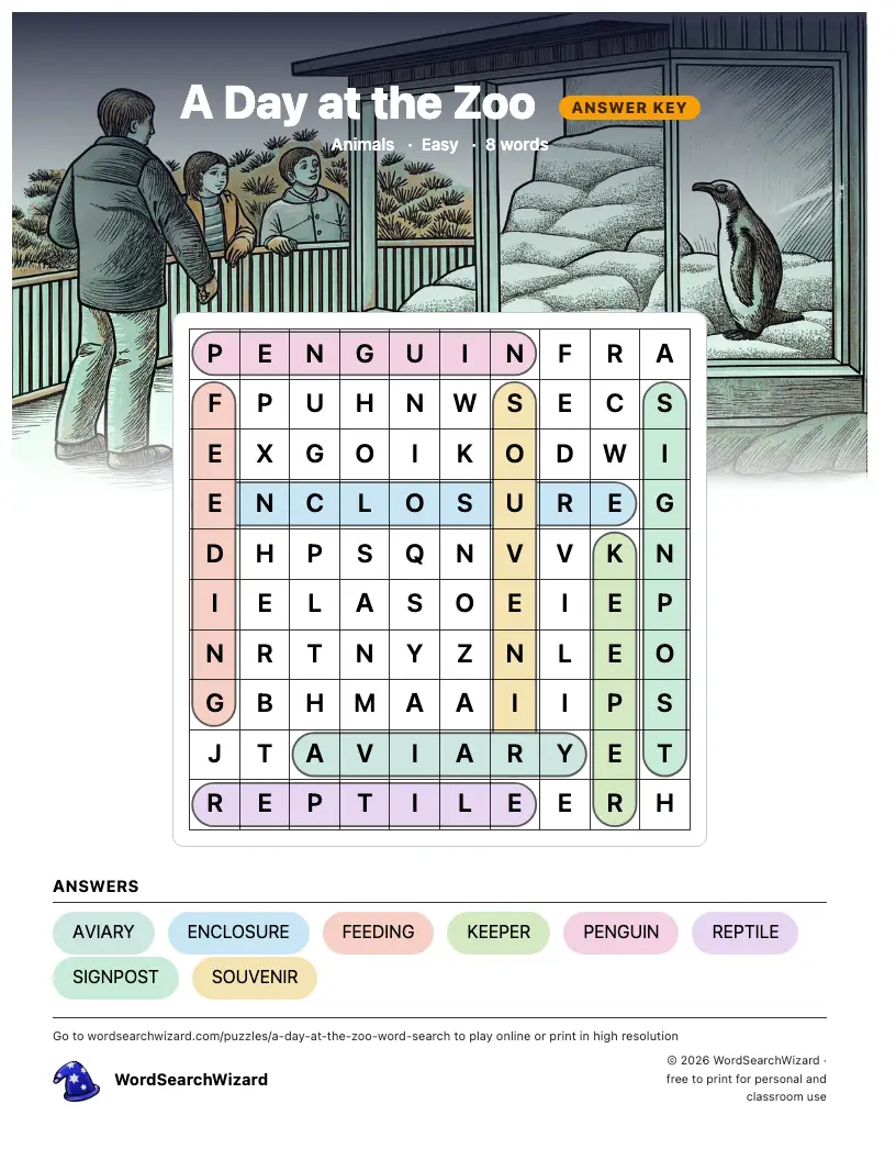 A Day at the Zoo word search answer key, all 8 words marked