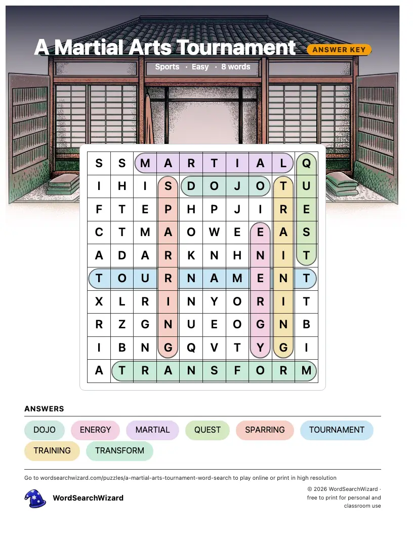 A Martial Arts Tournament word search answer key, all 8 words marked