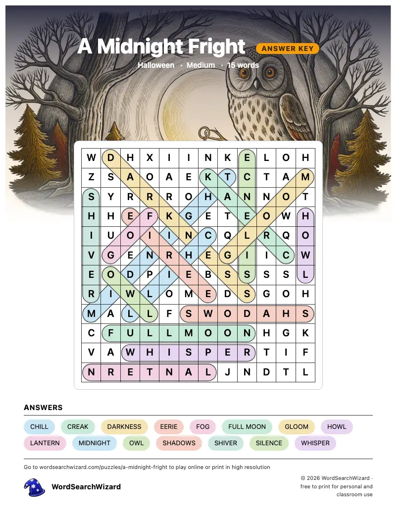 A Midnight Fright word search answer key, all 15 words marked