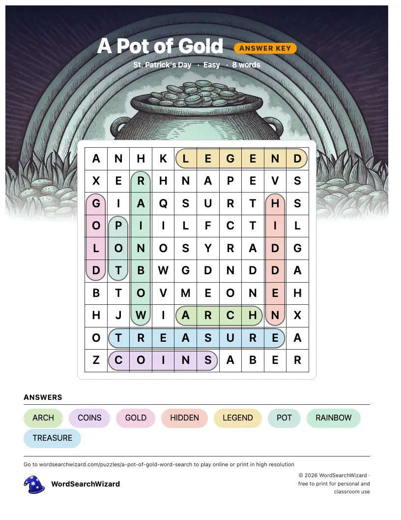 A Pot of Gold word search answer key, all 8 words marked