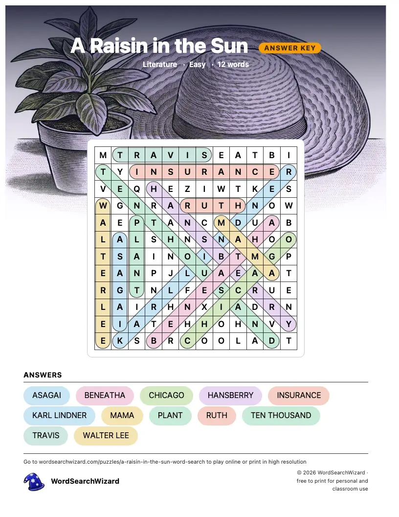 A Raisin in the Sun word search answer key, all 12 words marked