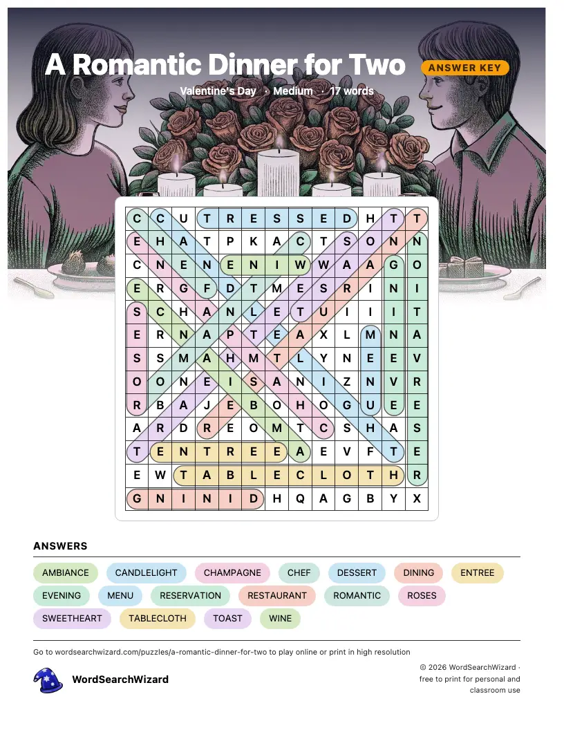 A Romantic Dinner for Two word search answer key, all 17 words marked