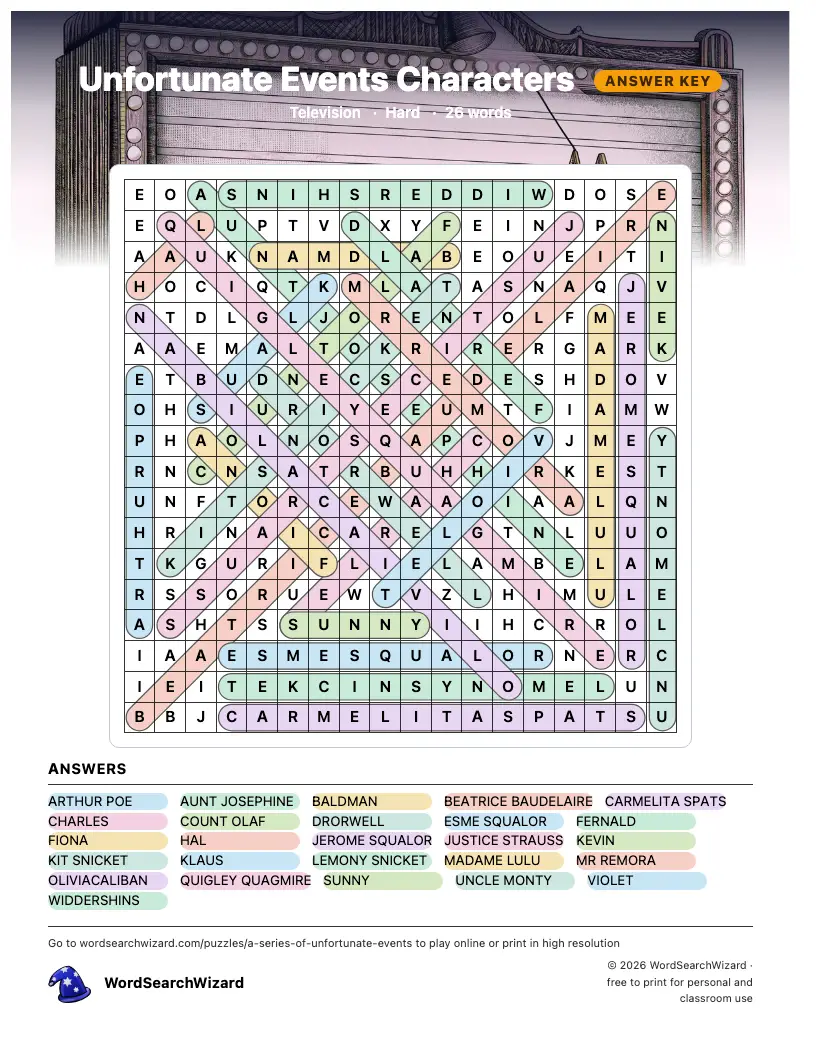 Unfortunate Events Characters word search answer key, all 26 words marked