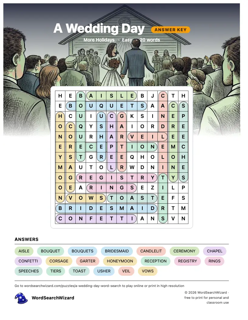 A Wedding Day word search answer key, all 20 words marked