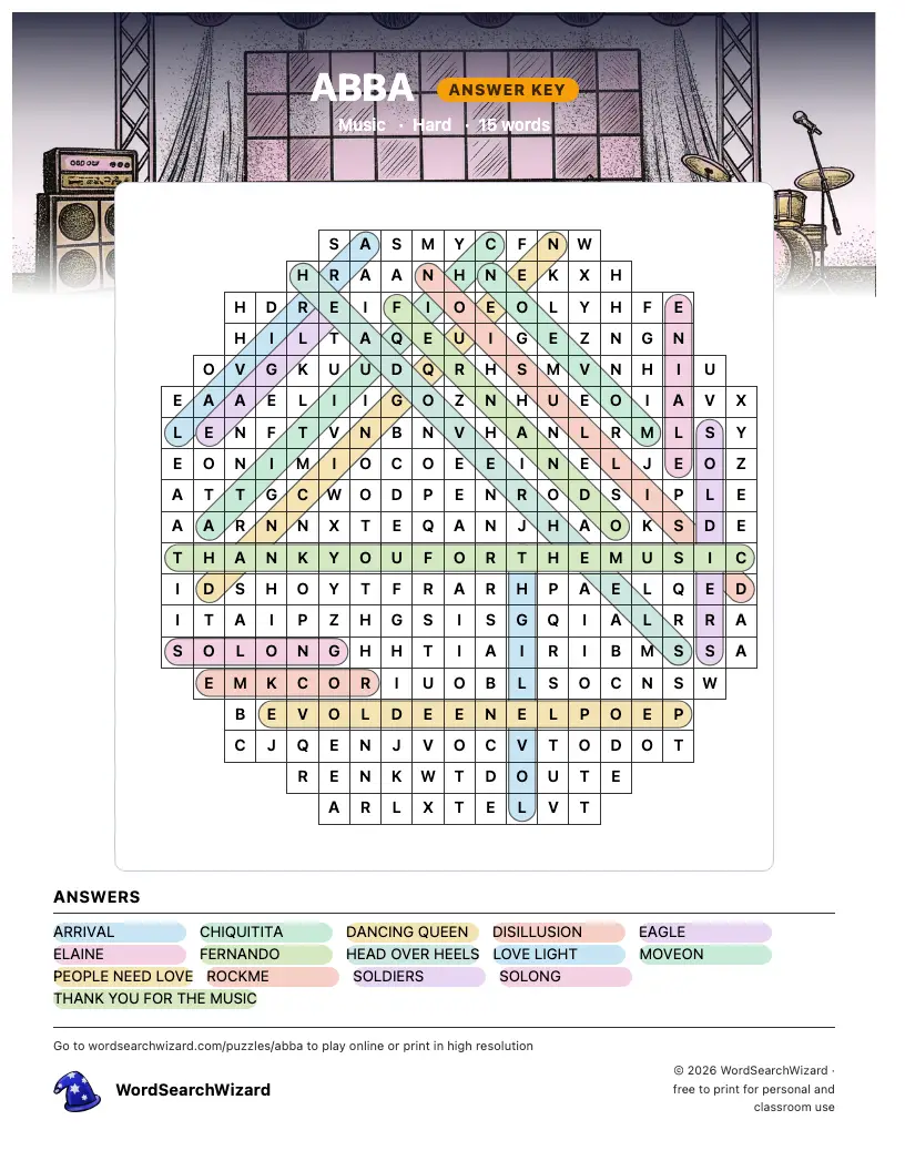 ABBA word search answer key, all 15 words marked