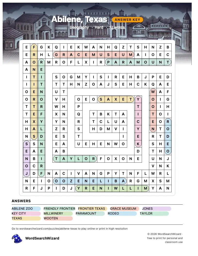 Abilene, Texas word search answer key, all 12 words marked