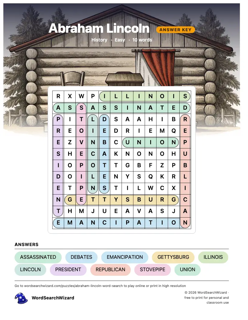Abraham Lincoln word search answer key, all 10 words marked