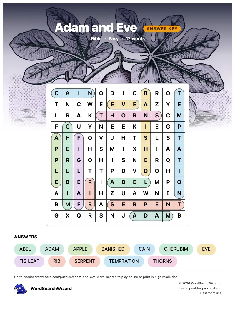 Adam and Eve word search answer key, all 12 words marked