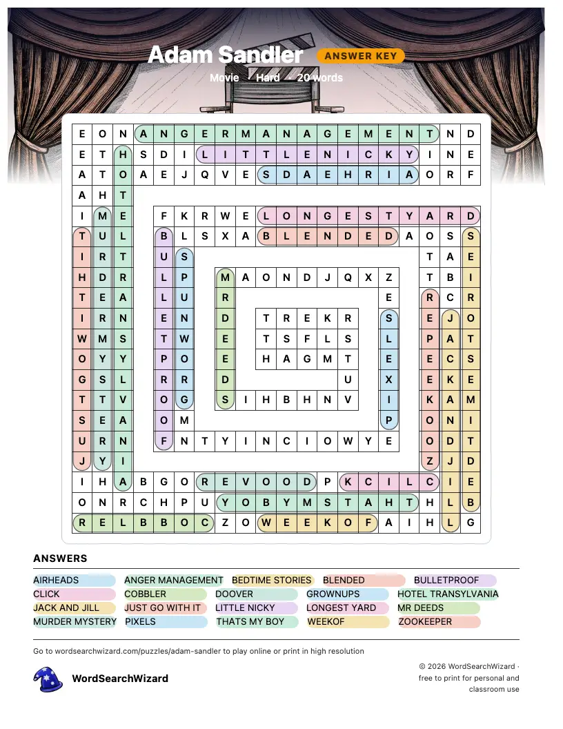 Adam Sandler word search answer key, all 20 words marked