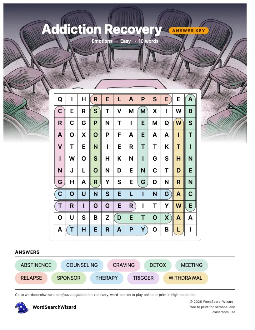 Addiction Recovery word search answer key, all 10 words marked